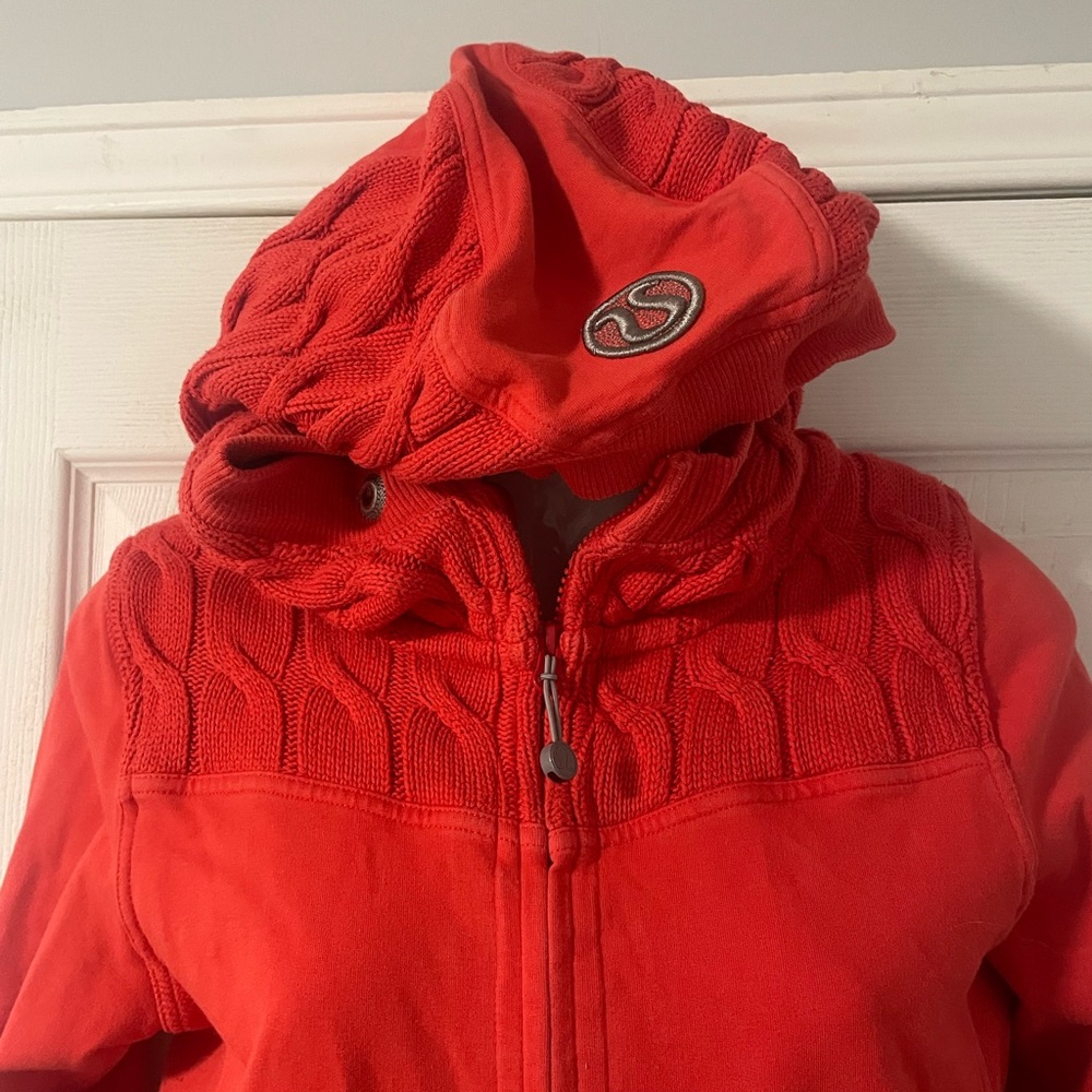 Lululemon scuba jacket with knit hood and double collar, size 6, orange